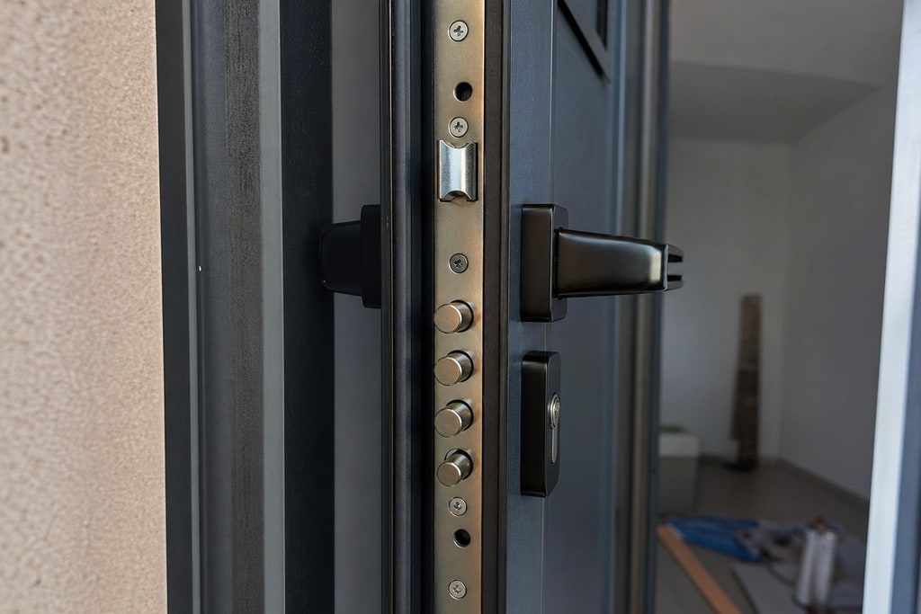 gros plan serrure multipoints neuve sur porte